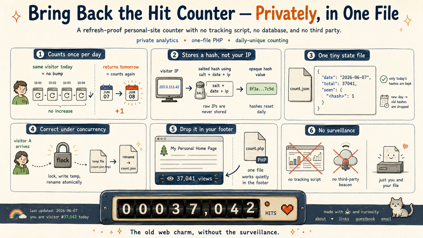 Infographic: a refresh-proof, privacy-respecting hit counter — counts each visitor once per day, stores a salted hash instead of a raw IP, keeps one small JSON state file, stays correct under concurrency with a lock and atomic rename, drops into your footer as one PHP file, and adds no third-party tracking — beneath a retro odometer reading 37,042 hits.