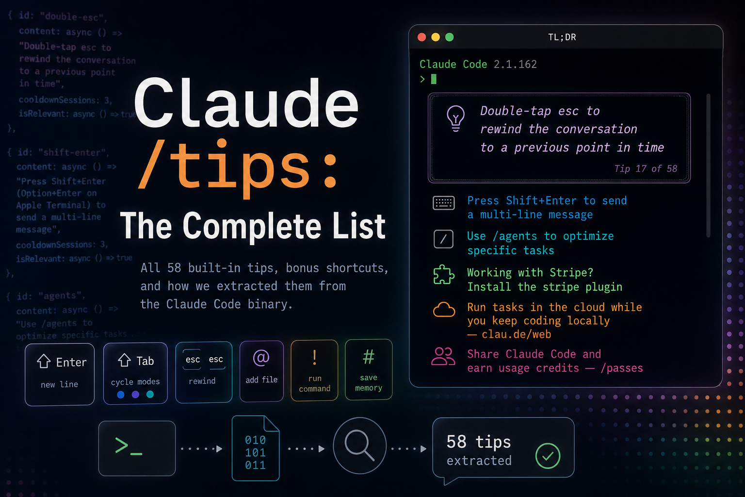 Claude /tips: The Complete List — all 58 built-in tips, bonus shortcuts, and how we extracted them from the Claude Code binary