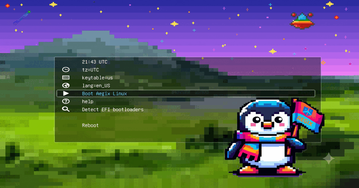 The Aegix GRUB boot menu: Boot Aegix Linux highlighted over a pixel-art hillside, with the Aegix penguin holding a flag