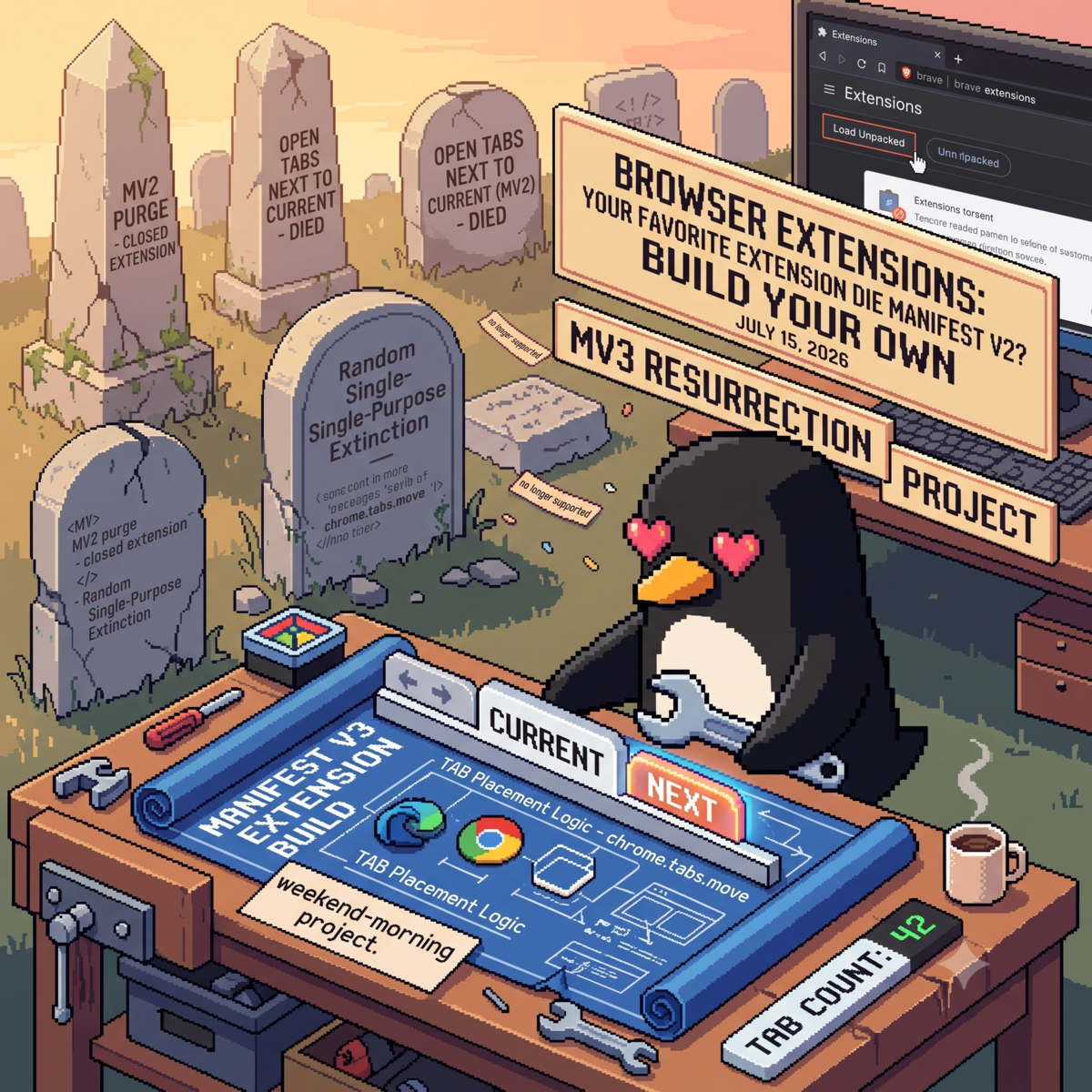 Pixel-art scene: a graveyard of Manifest V2 extensions with tombstones like "Open Tabs Next to Current — died", while a heart-eyed penguin rebuilds one at a workbench from a Manifest V3 blueprint. A display reads TAB COUNT: 42.
